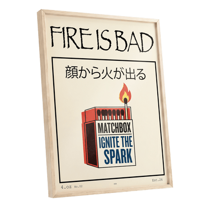 Strike a Spark, beige, black, red minimalist wall art shown as a oak framed poster wall art print