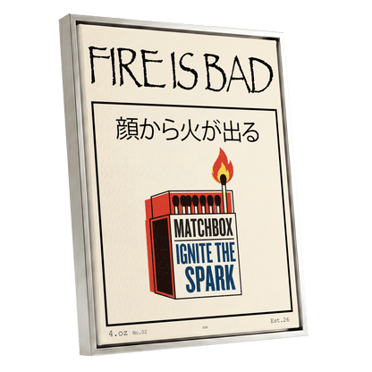 Strike a Spark, beige, black, red minimalist wall art shown as a silver framed canvas wall art