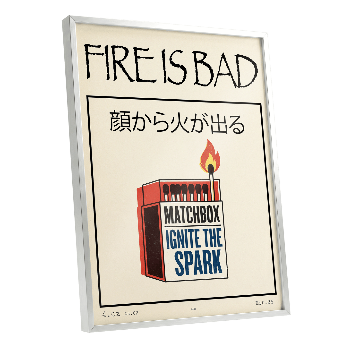 Strike a Spark, beige, black, red minimalist wall art shown as a silver framed poster wall art print