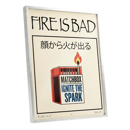 Strike a Spark, beige, black, red minimalist wall art shown as a silver framed poster wall art print