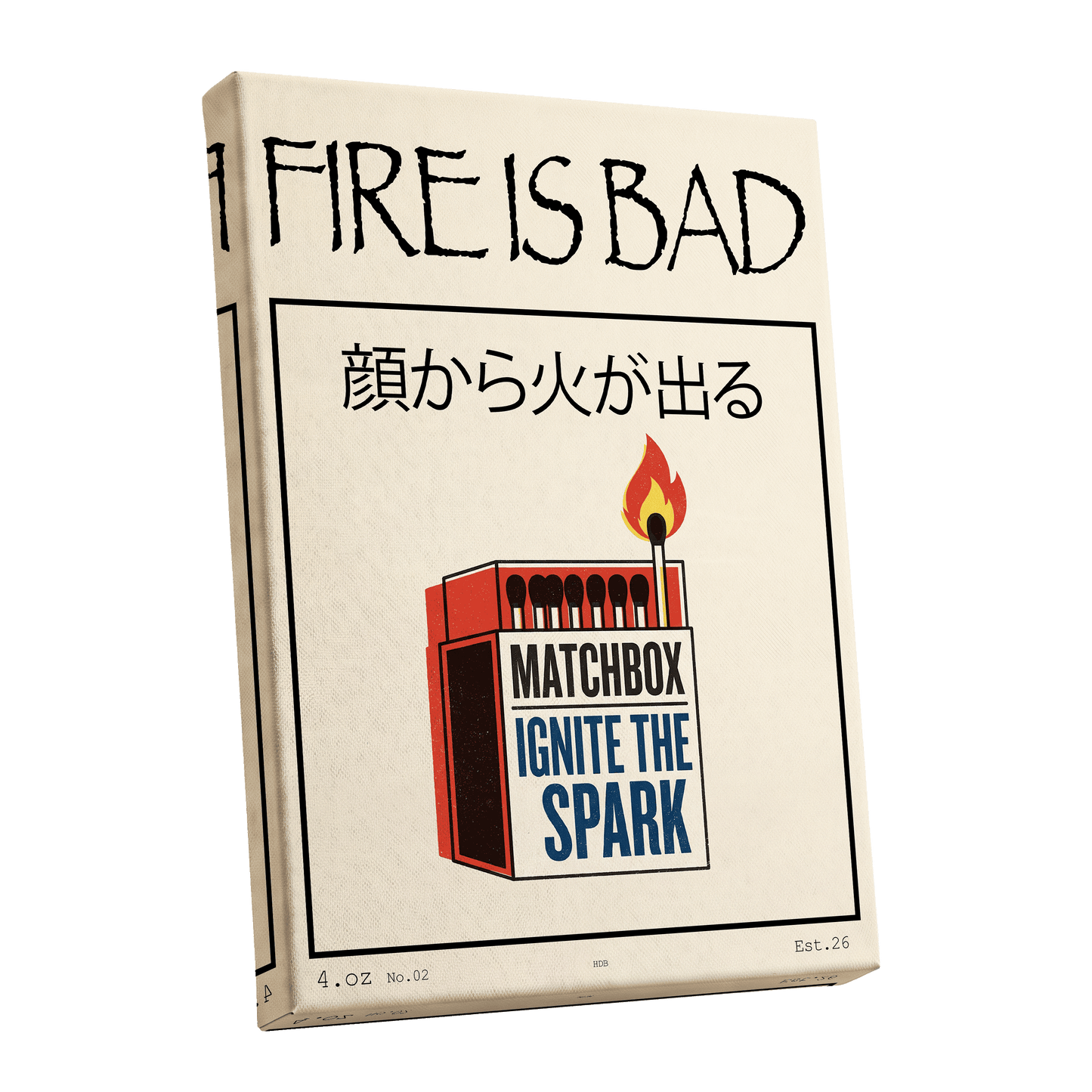 Strike a Spark, beige, black, red minimalist wall art shown as a stretched canvas wall art