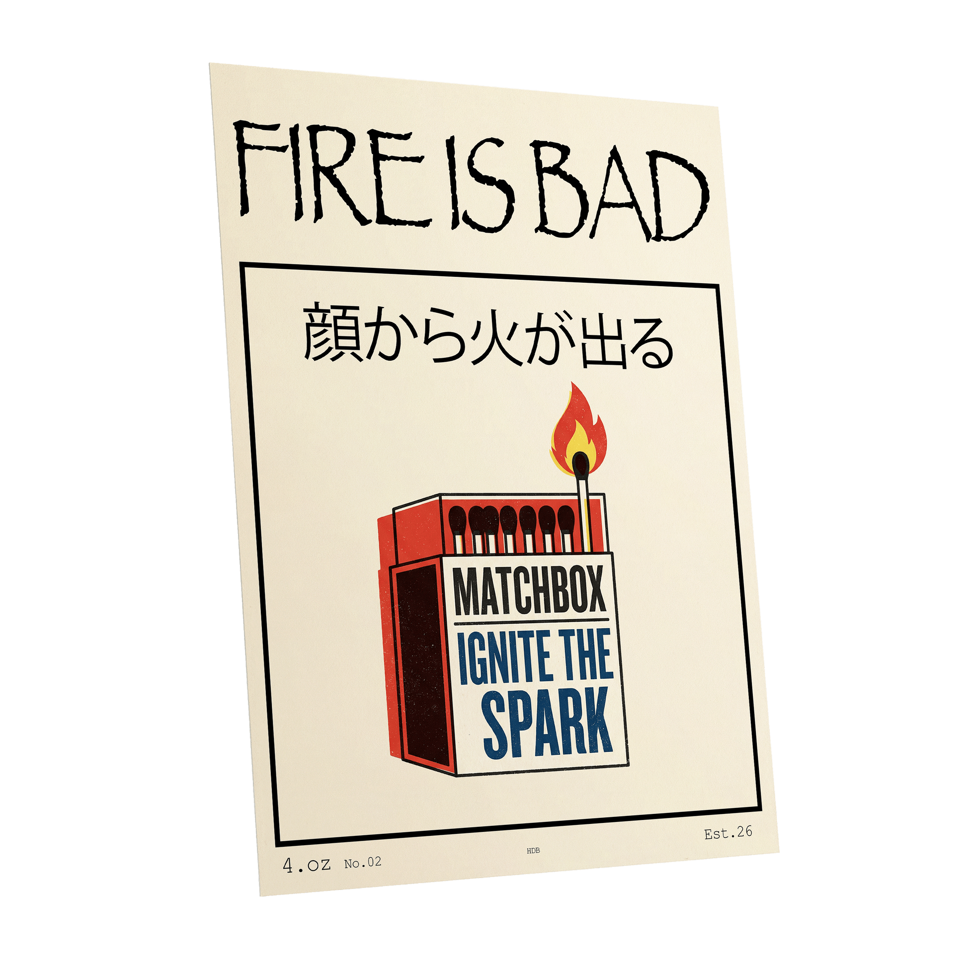 Strike a Spark, beige, black, red minimalist wall art shown as a unframed poster wall art print