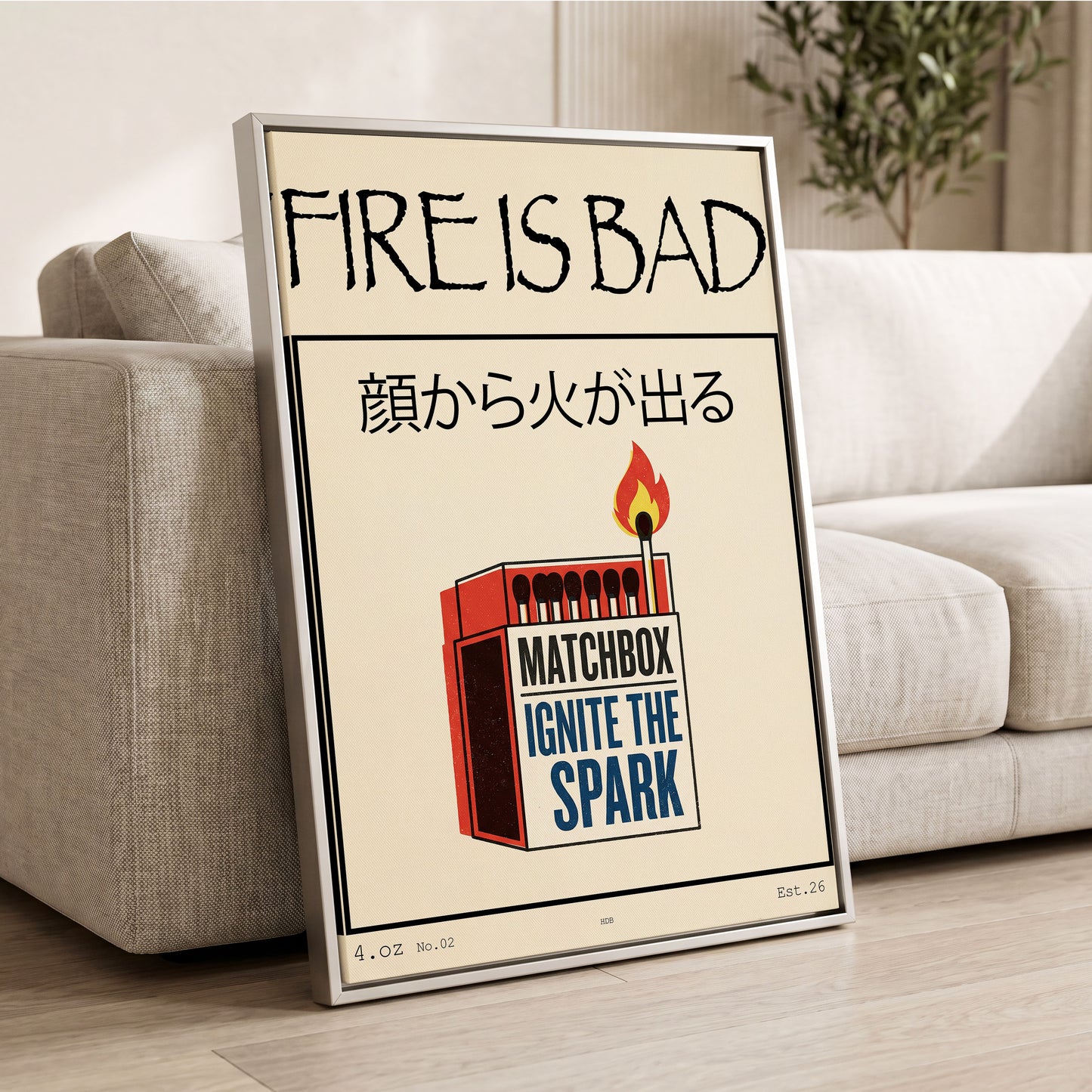 Strike a Spark, beige, black, red minimalist wall art displayed in a styled interior, gallery view 2