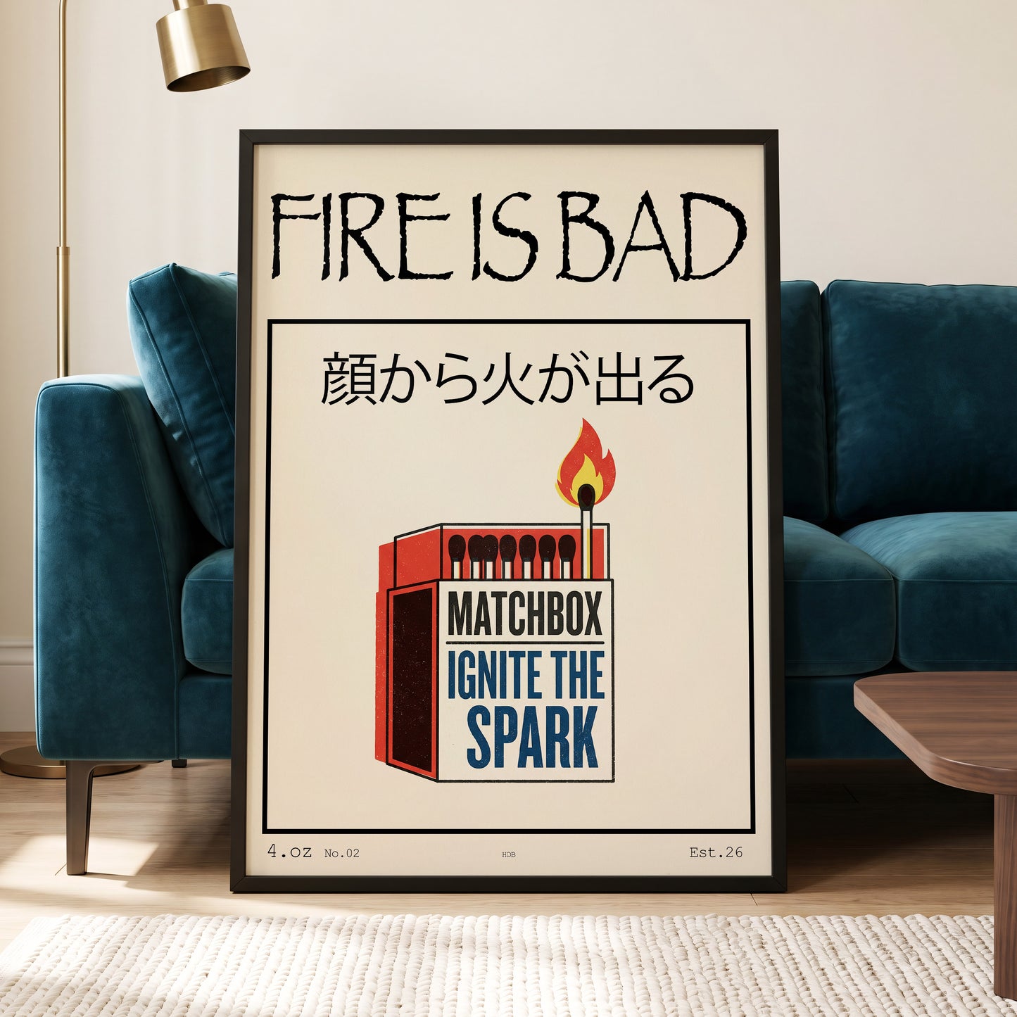 Strike a Spark, beige, black, red minimalist wall art displayed in a styled interior, gallery view 5