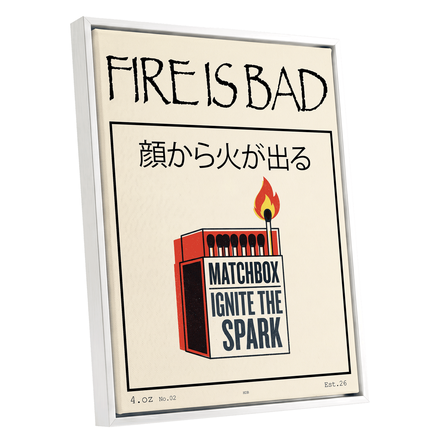 Strike a Spark, beige, black, red minimalist wall art shown as a white framed canvas wall art