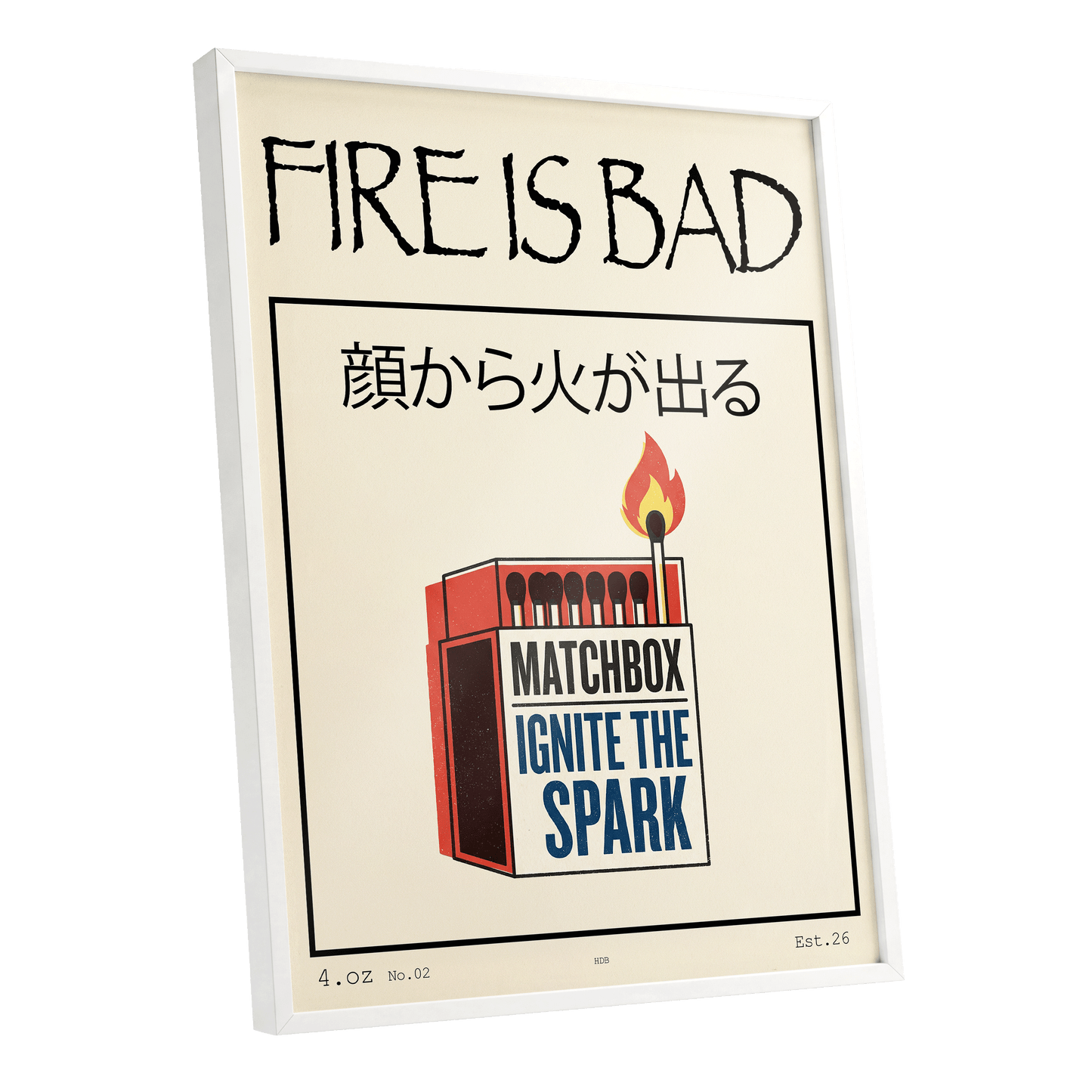Strike a Spark, beige, black, red minimalist wall art shown as a white framed poster wall art print