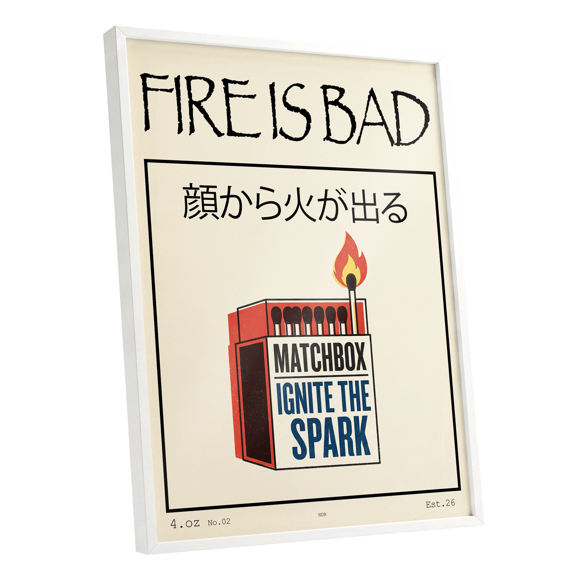 Strike a Spark, beige, black, red minimalist wall art shown as a white framed poster wall art print