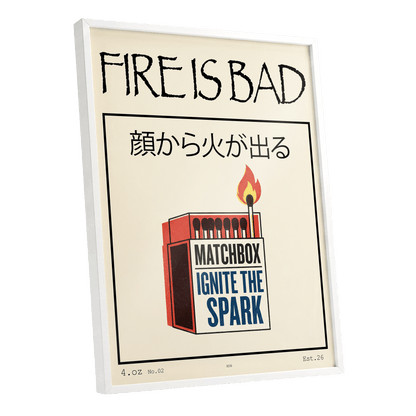 Strike a Spark, beige, black, red minimalist wall art shown as a white framed poster wall art print