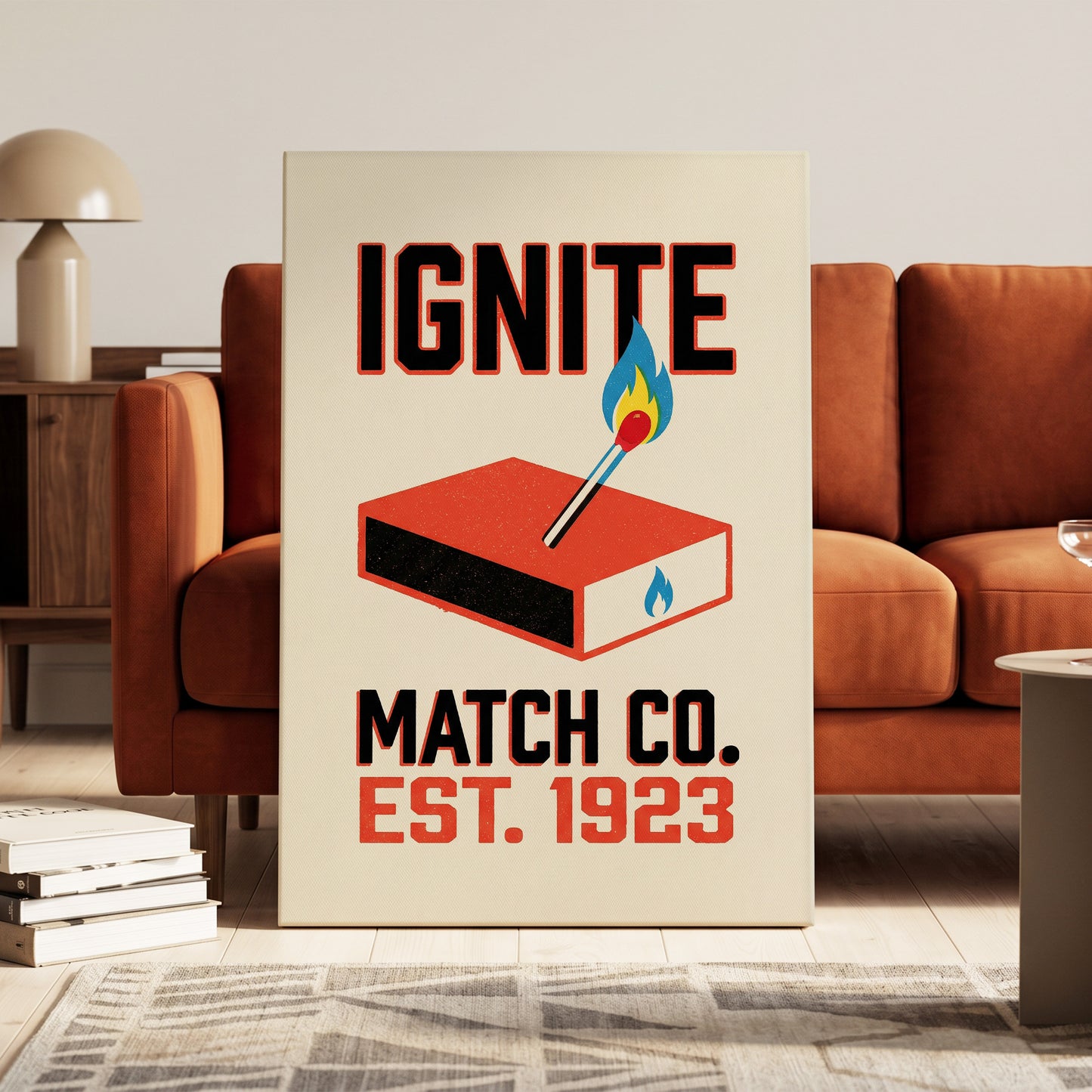 Strike Up the Flame, black, beige, red minimalist wall art on canvas displayed in a styled interior, gallery view 1