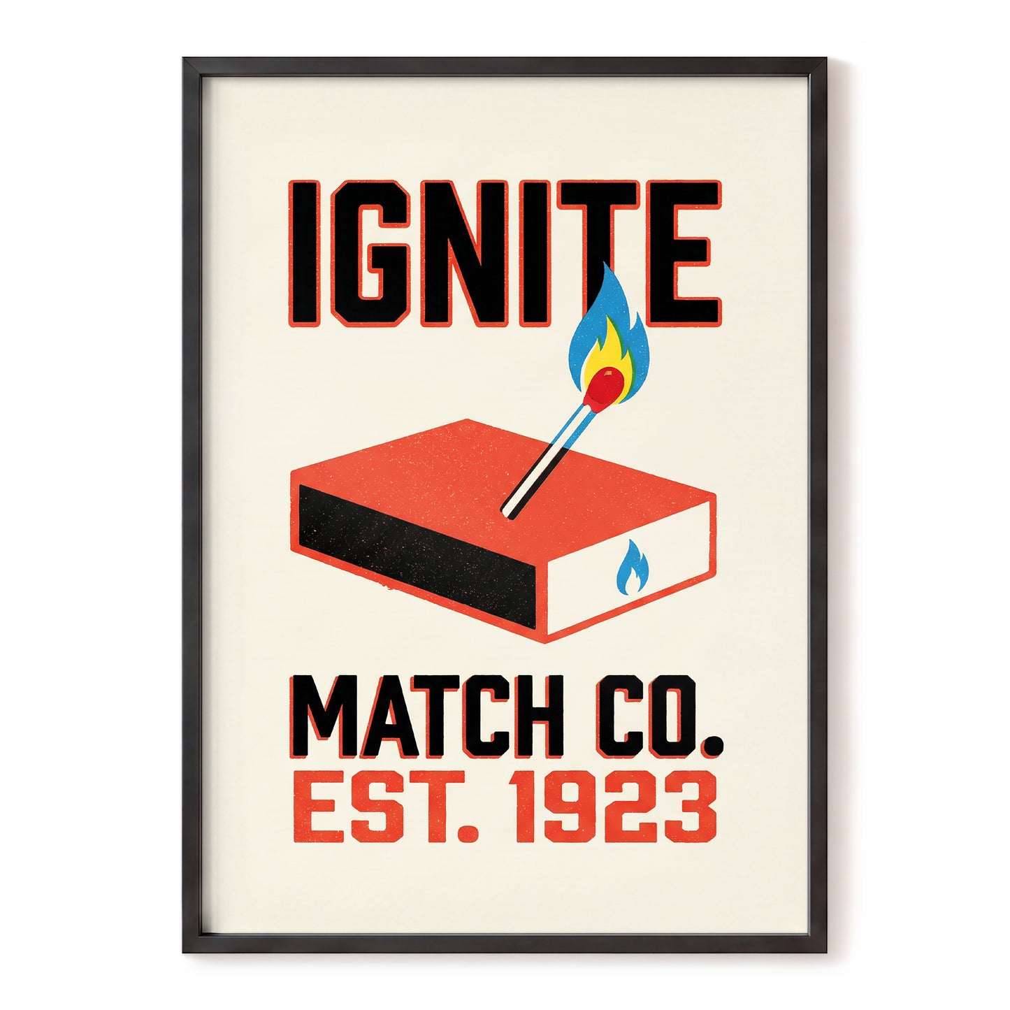 Strike Up the Flame, black, beige, red minimalist wall art, front artwork view