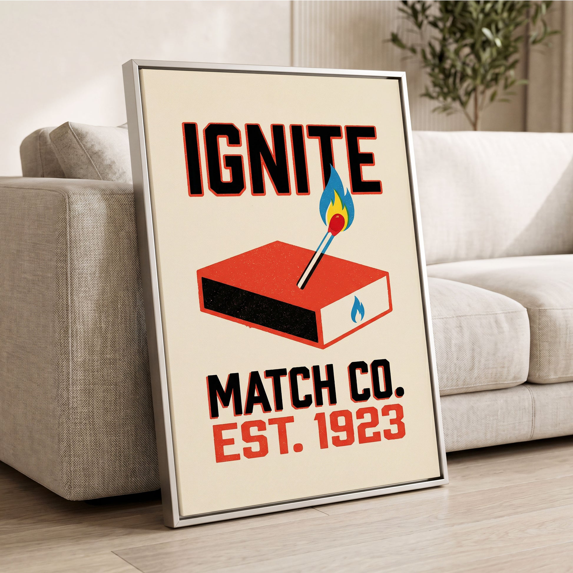 Strike Up the Flame, black, beige, red minimalist wall art displayed in a styled interior, gallery view 2