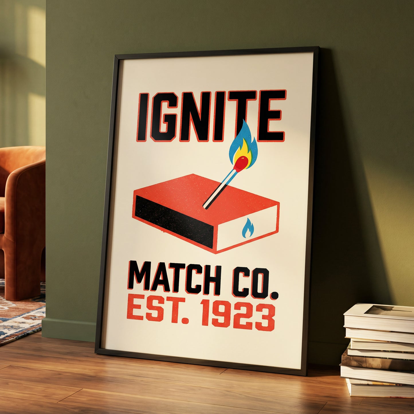 Strike Up the Flame, black, beige, red minimalist wall art displayed in a styled interior, gallery view 4