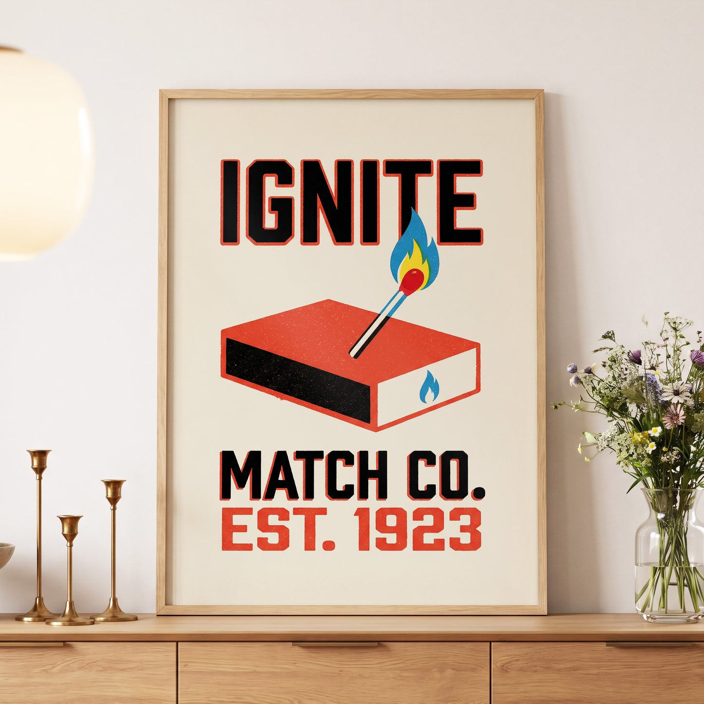 Strike Up the Flame, black, beige, red minimalist wall art displayed in a styled interior, gallery view 5