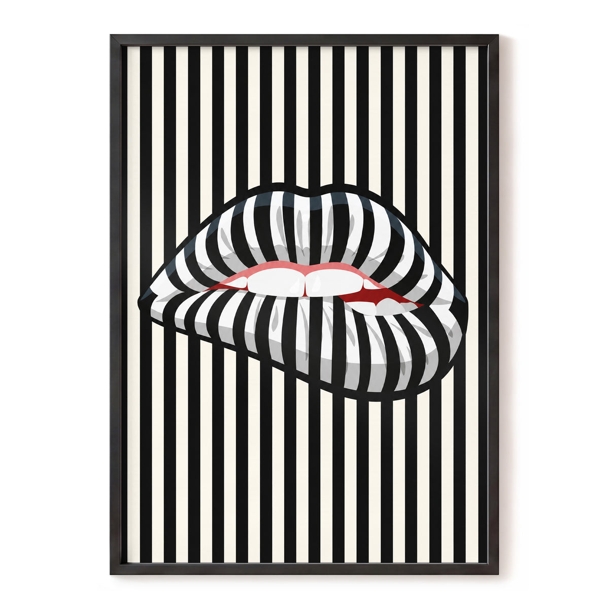 Striped Kiss, black, beige, white abstract wall art, front artwork view