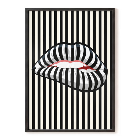 Striped Kiss, black, beige, white abstract wall art, front artwork view