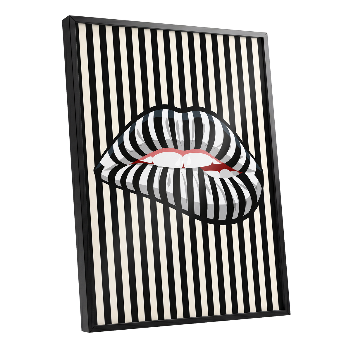 Striped Kiss, black, beige, white abstract wall art shown as a black framed poster wall art print