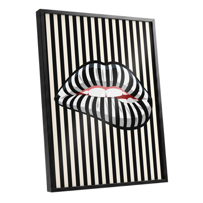 Striped Kiss, black, beige, white abstract wall art shown as a black framed poster wall art print