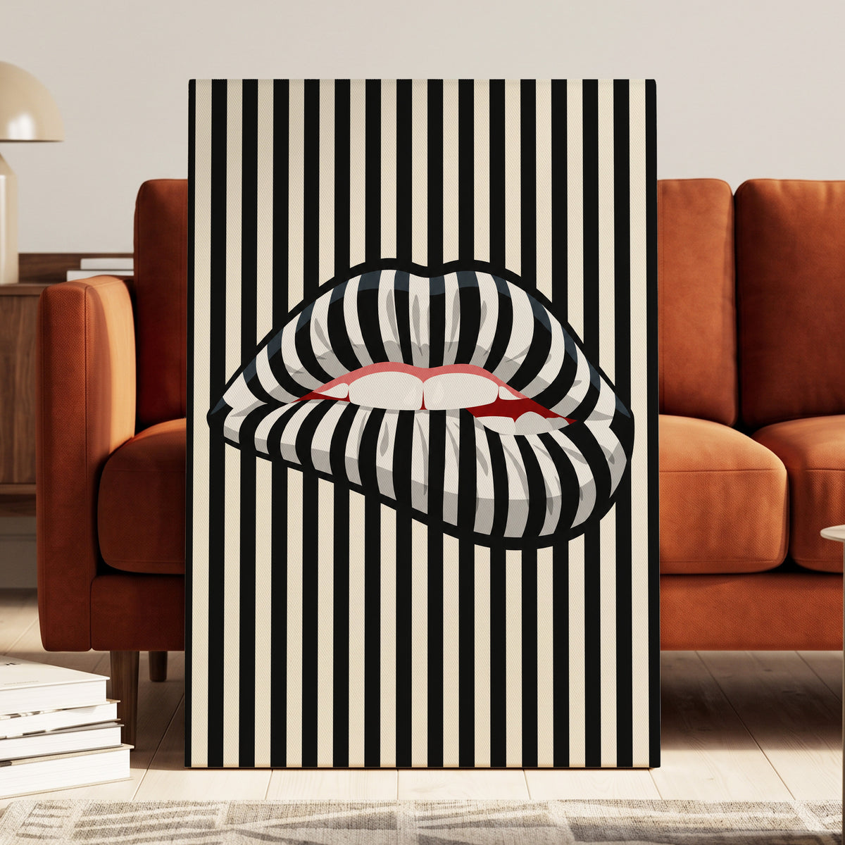 Striped Kiss, black, beige, white abstract wall art on canvas displayed in a styled interior, gallery view 1