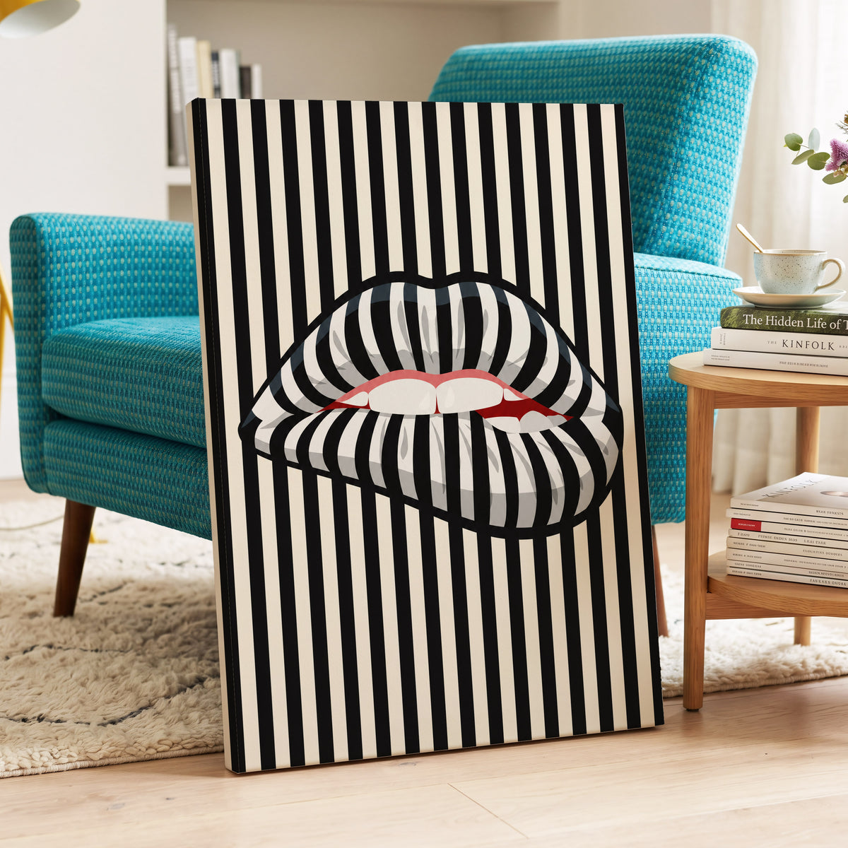 Striped Kiss, black, beige, white abstract wall art on canvas displayed in a styled interior, gallery view 2