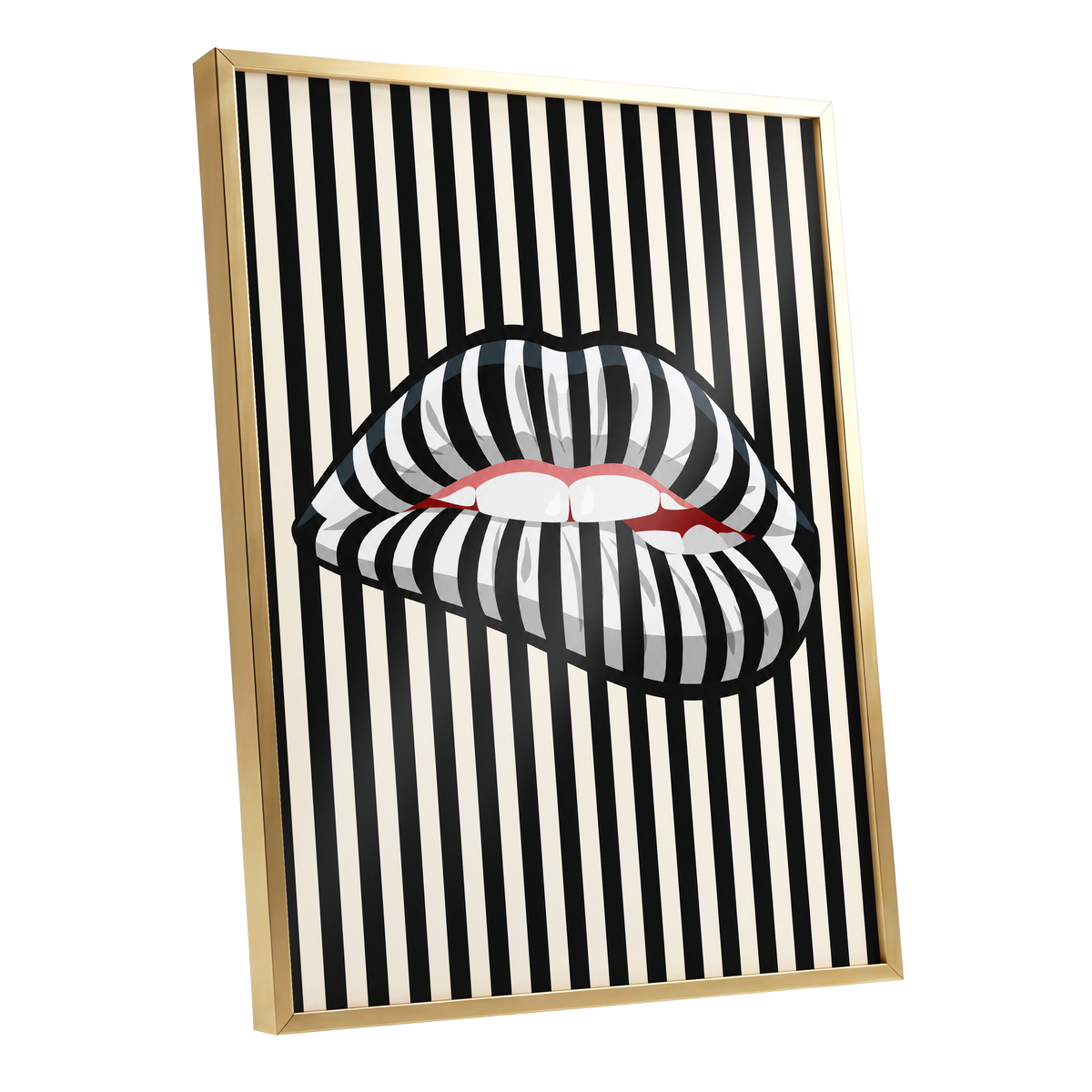 Striped Kiss, black, beige, white abstract wall art shown as a gold framed poster wall art print