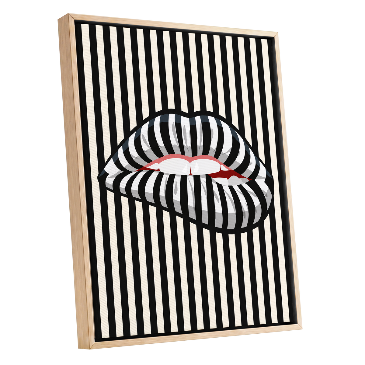 Striped Kiss, black, beige, white abstract wall art shown as a oak framed canvas wall art