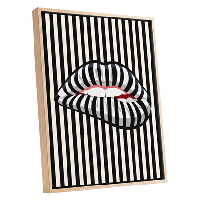 Striped Kiss, black, beige, white abstract wall art shown as a oak framed canvas wall art