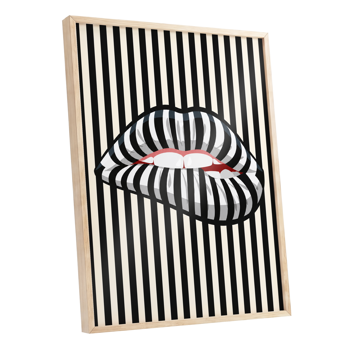 Striped Kiss, black, beige, white abstract wall art shown as a oak framed poster wall art print