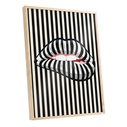 Striped Kiss, black, beige, white abstract wall art shown as a oak framed poster wall art print