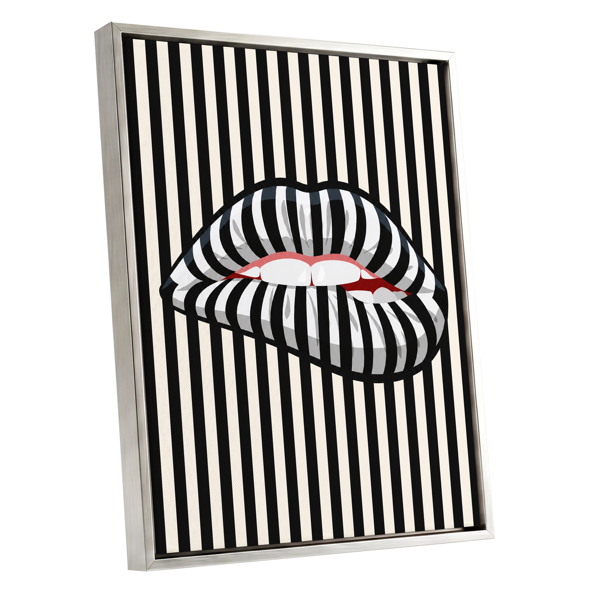 Striped Kiss, black, beige, white abstract wall art shown as a silver framed canvas wall art