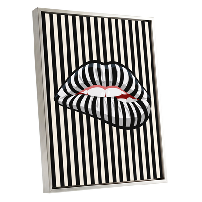 Striped Kiss, black, beige, white abstract wall art shown as a silver framed canvas wall art