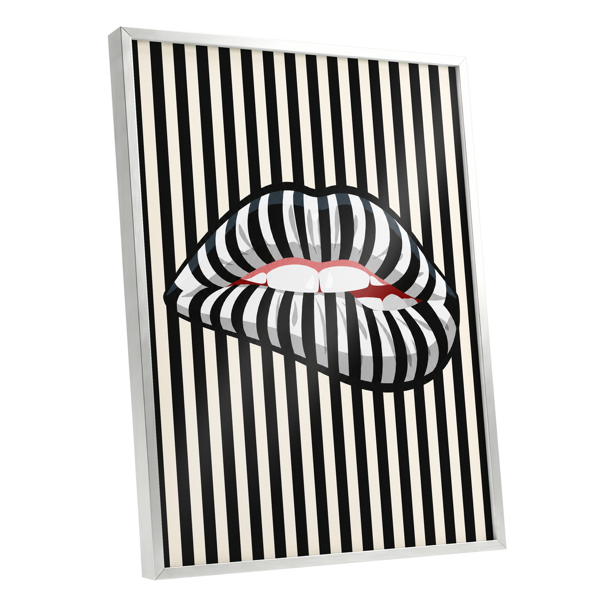 Striped Kiss, black, beige, white abstract wall art shown as a silver framed poster wall art print