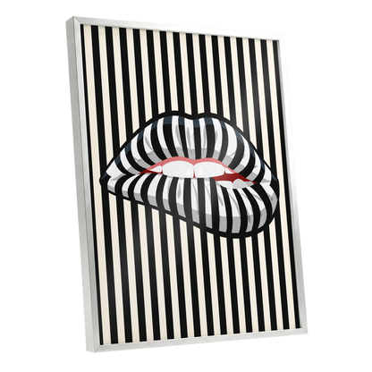 Striped Kiss, black, beige, white abstract wall art shown as a silver framed poster wall art print