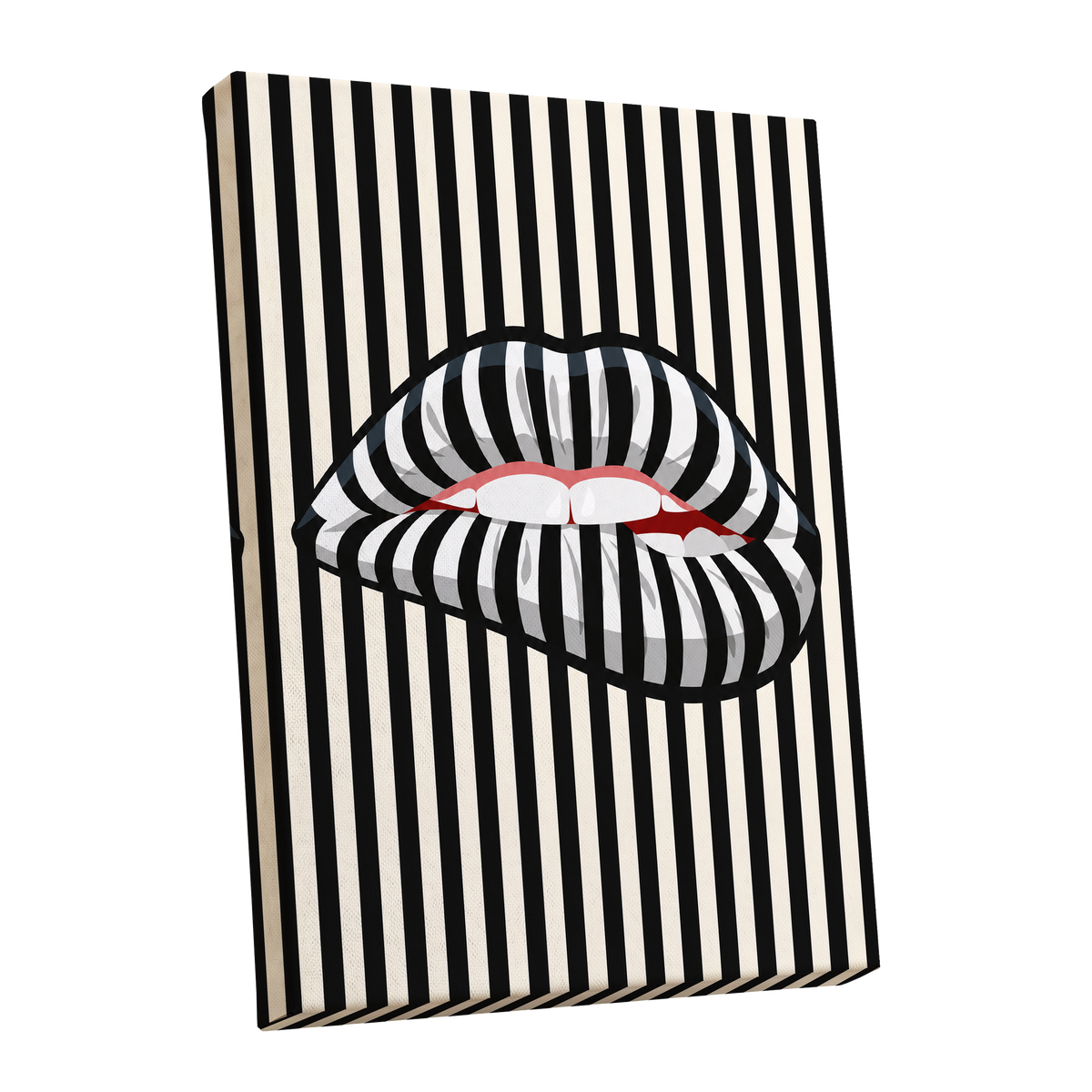 Striped Kiss, black, beige, white abstract wall art shown as a stretched canvas wall art
