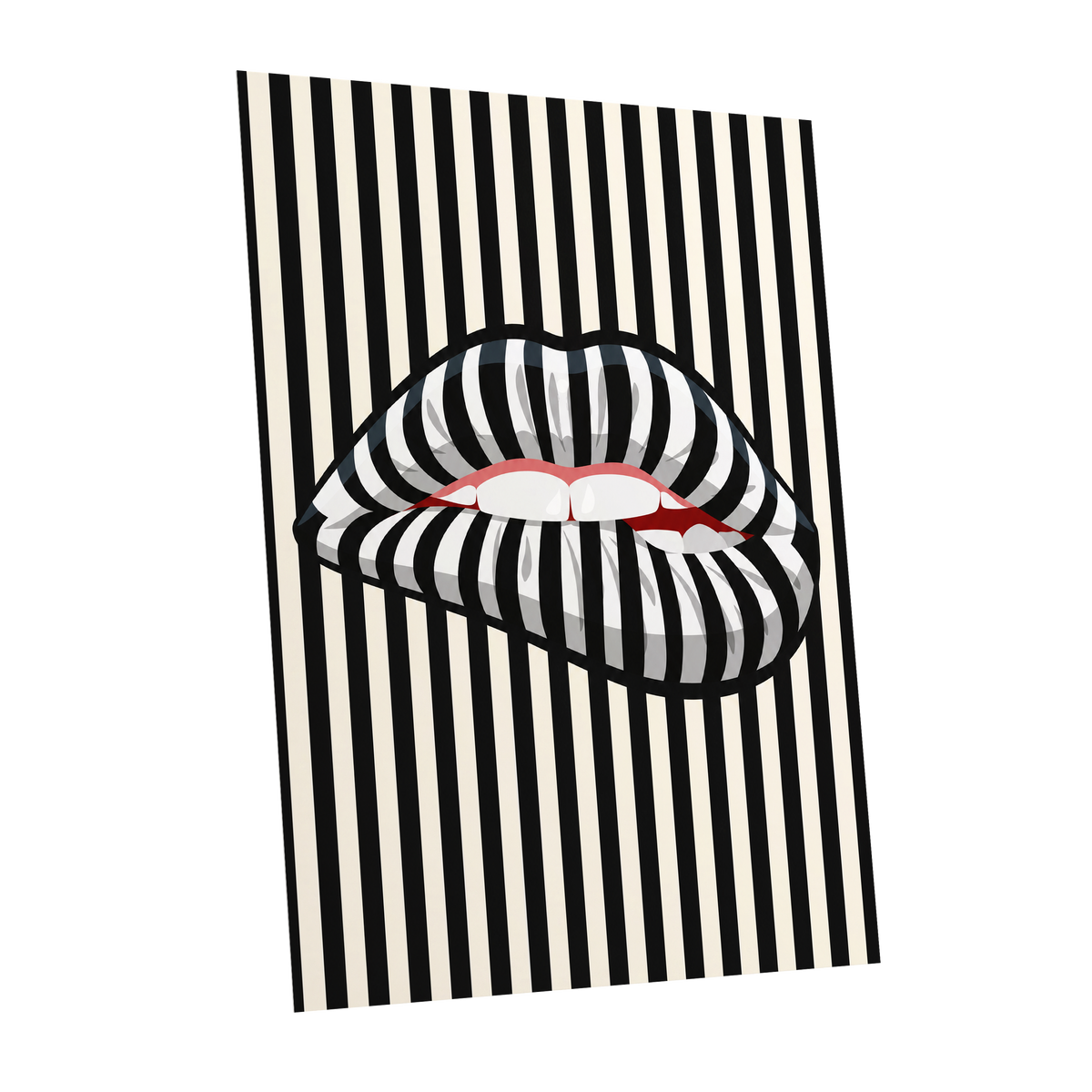 Striped Kiss, black, beige, white abstract wall art shown as a unframed poster wall art print