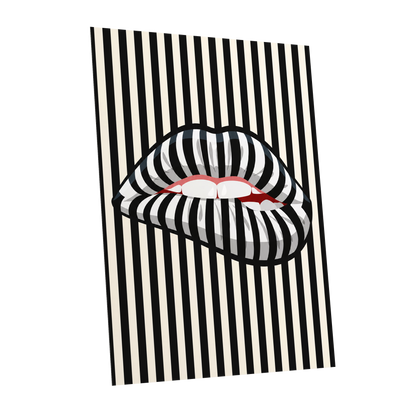Striped Kiss, black, beige, white abstract wall art shown as a unframed poster wall art print