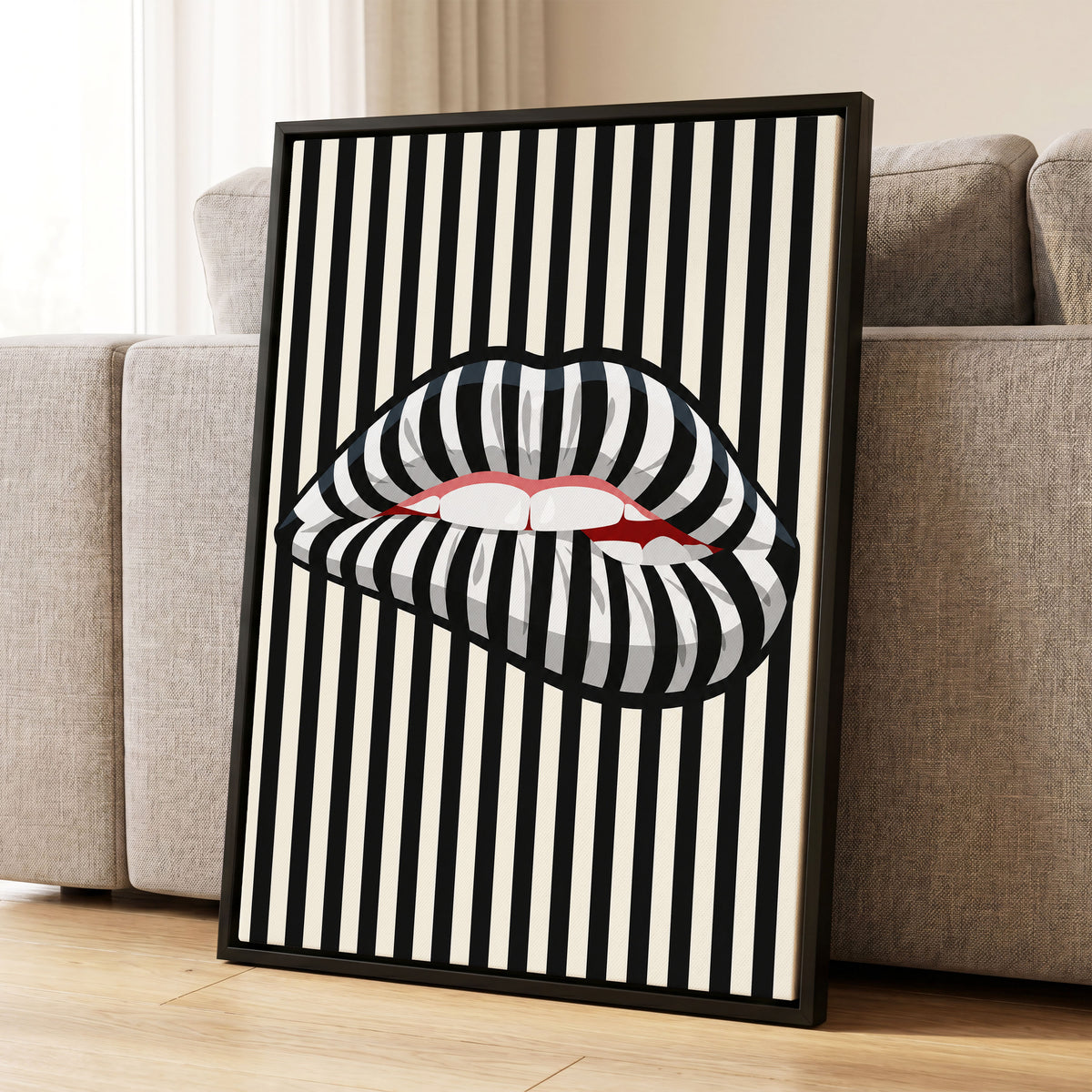 Striped Kiss, black, beige, white abstract wall art displayed in a styled interior, gallery view 1