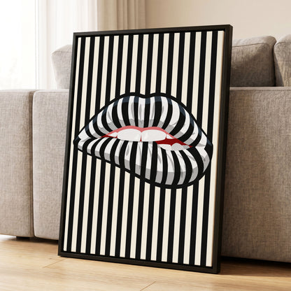 Striped Kiss, black, beige, white abstract wall art displayed in a styled interior, gallery view 1