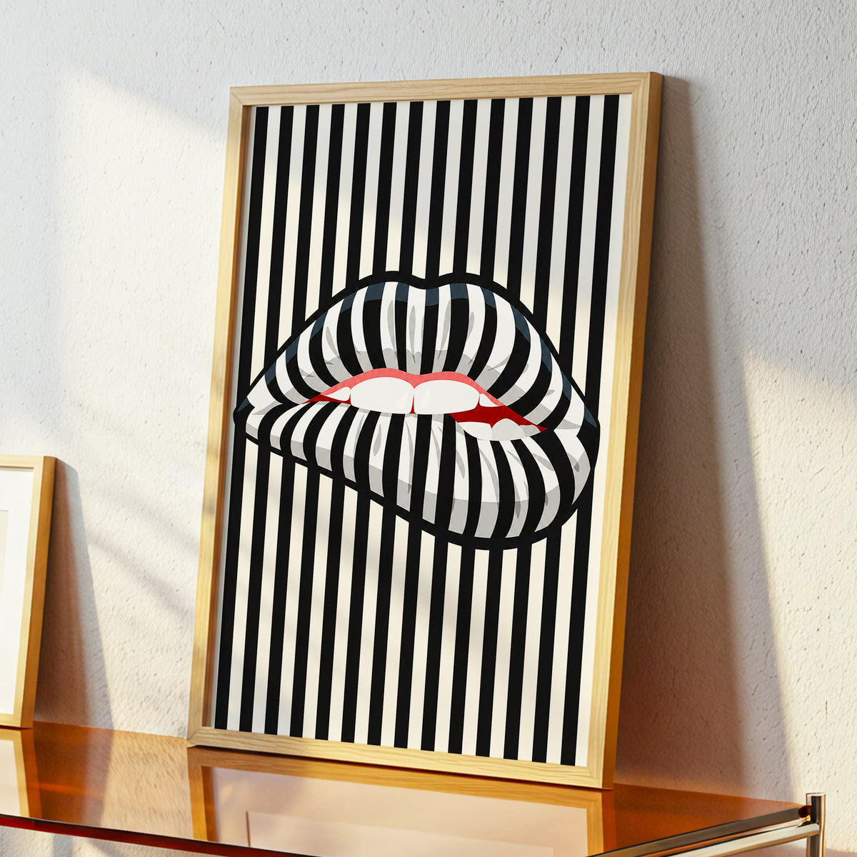 Striped Kiss, black, beige, white abstract wall art displayed in a styled interior, gallery view 3