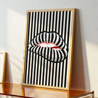 Striped Kiss, black, beige, white abstract wall art displayed in a styled interior, gallery view 3
