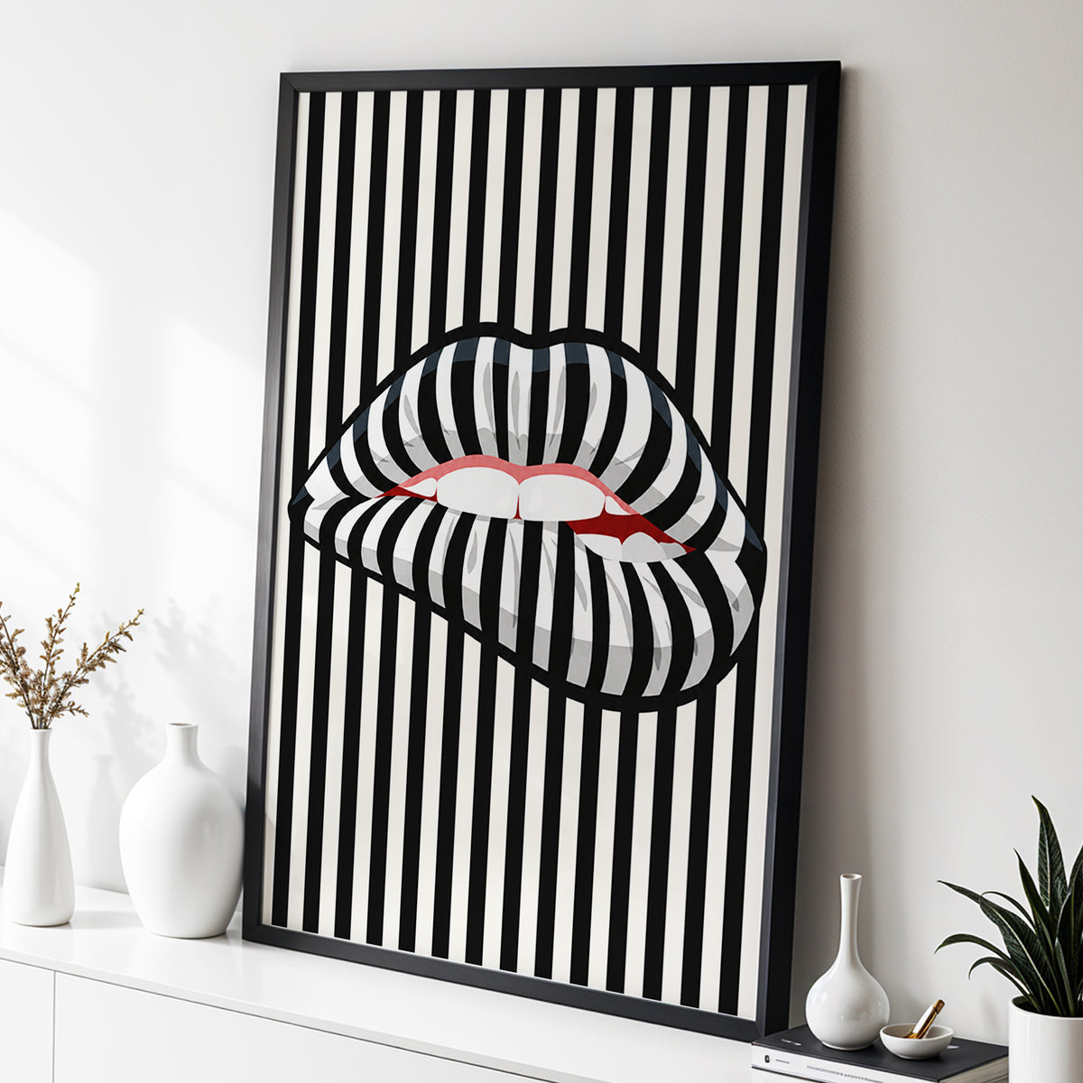 Striped Kiss, black, beige, white abstract wall art displayed in a styled interior, gallery view 4