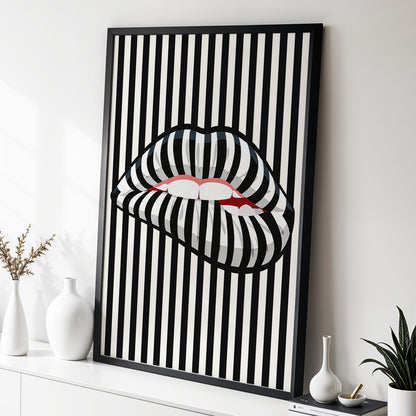 Striped Kiss, black, beige, white abstract wall art displayed in a styled interior, gallery view 4