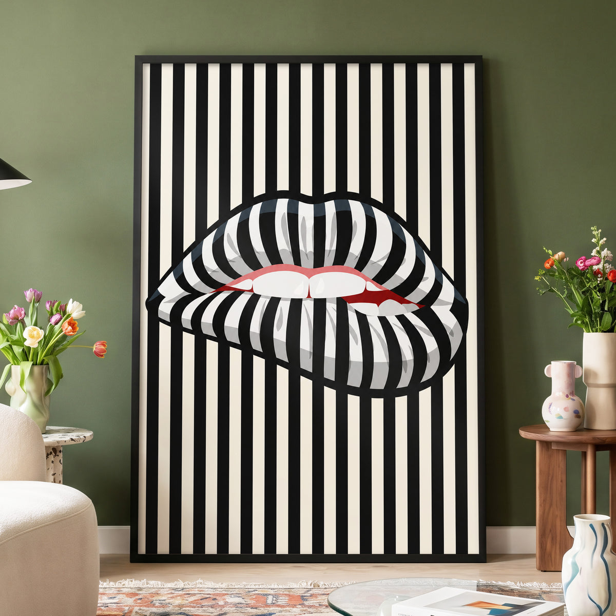 Striped Kiss, black, beige, white abstract wall art displayed in a styled interior, gallery view 5