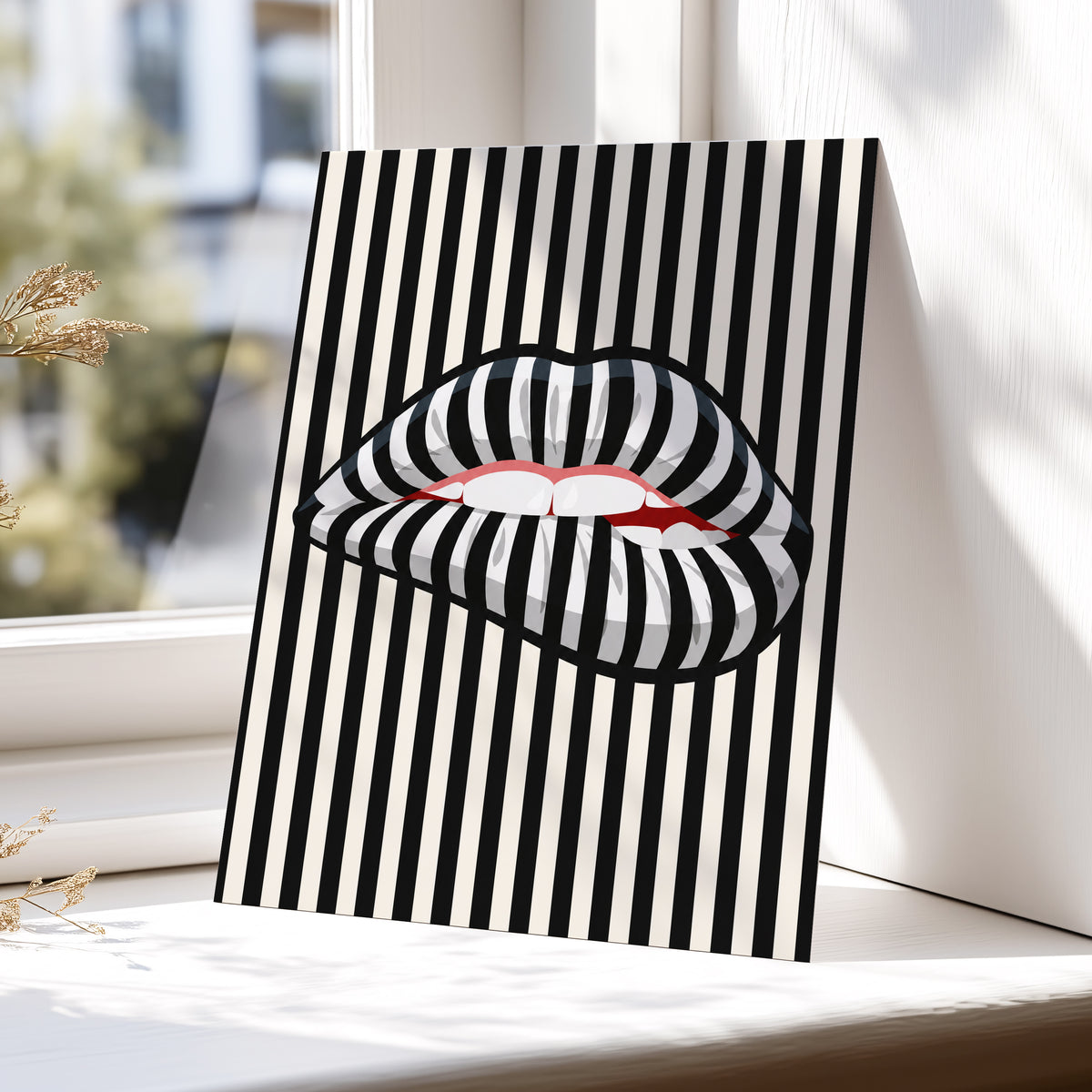 Striped Kiss, black, beige, white abstract wall art displayed in a styled interior, gallery view 6