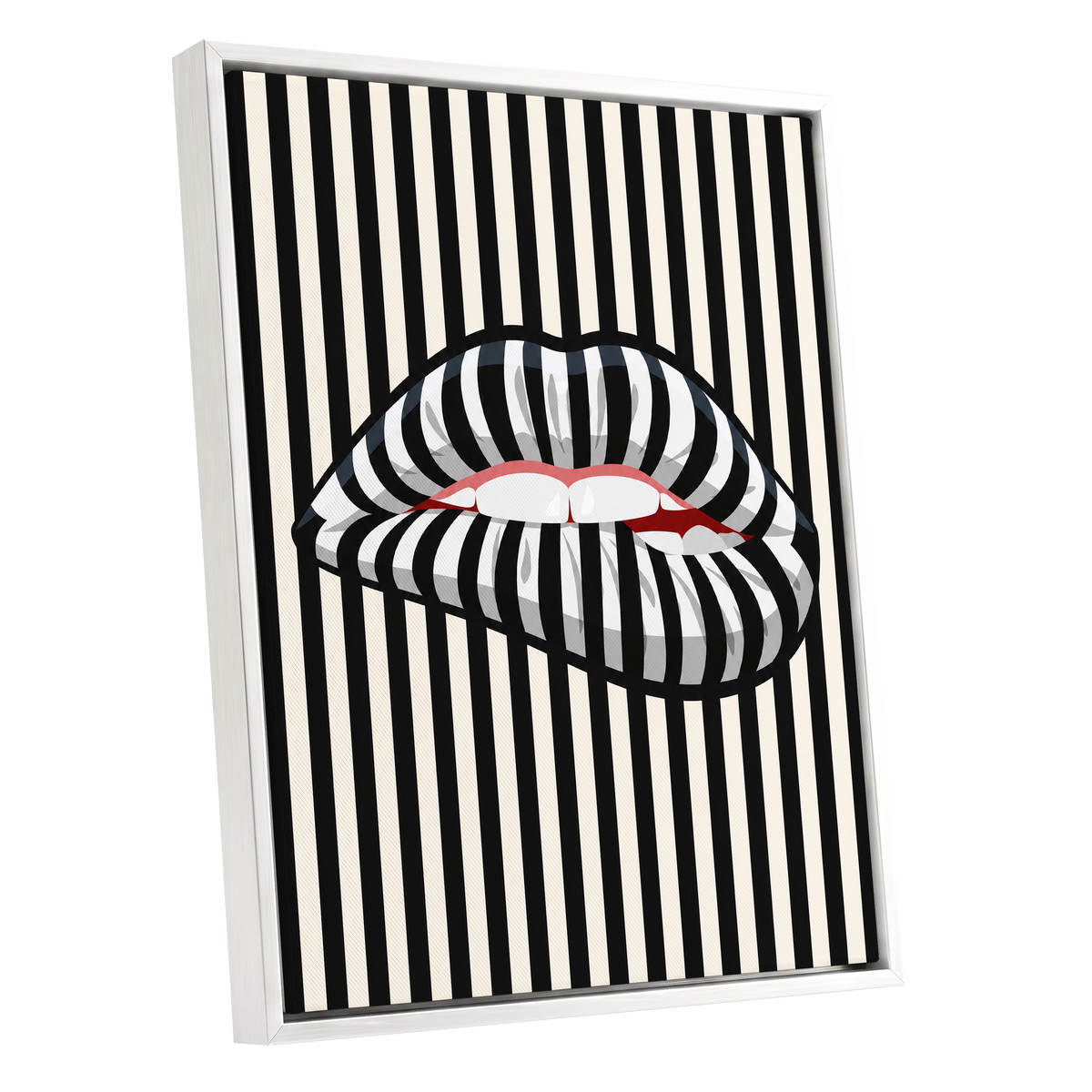 Striped Kiss, black, beige, white abstract wall art shown as a white framed canvas wall art