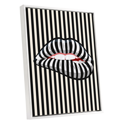Striped Kiss, black, beige, white abstract wall art shown as a white framed canvas wall art