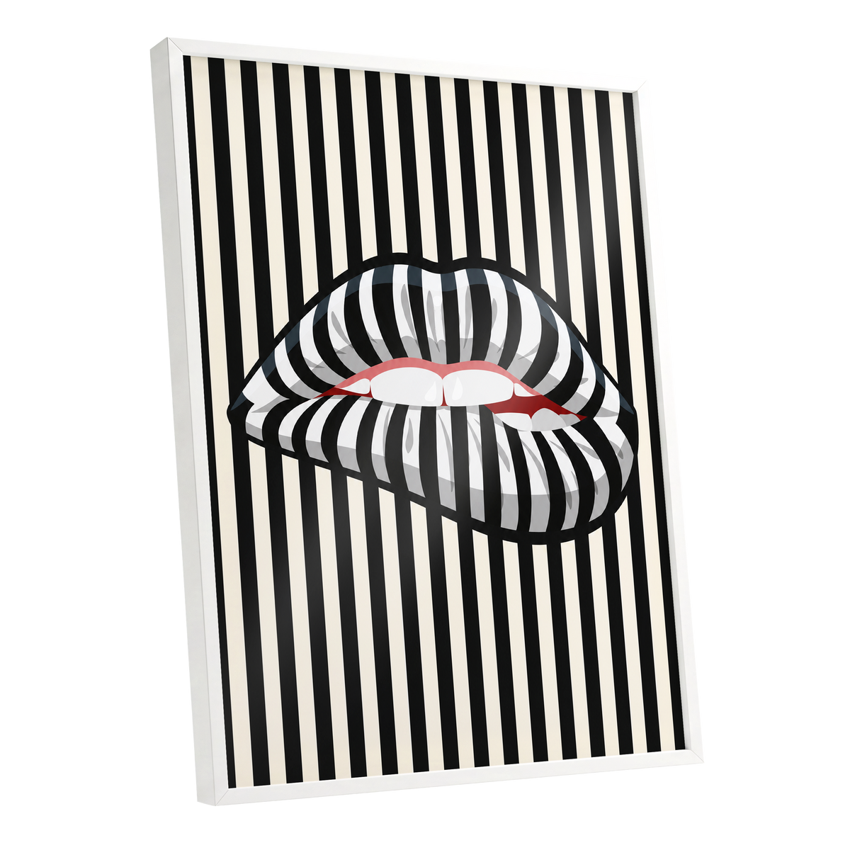 Striped Kiss, black, beige, white abstract wall art shown as a white framed poster wall art print