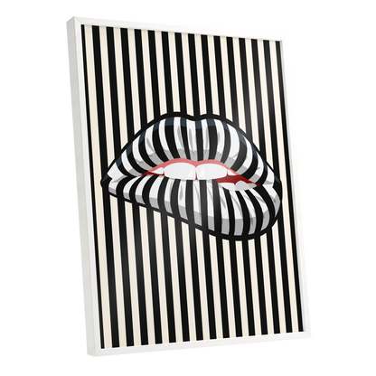 Striped Kiss, black, beige, white abstract wall art shown as a white framed poster wall art print