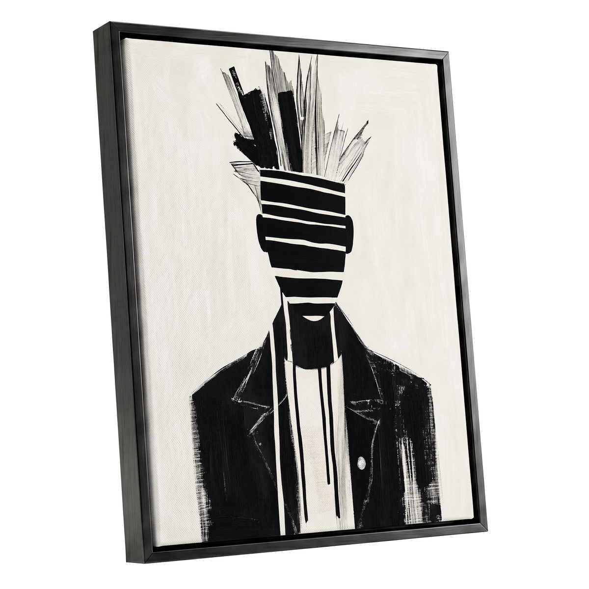 Striped Vanguard, black, beige, gray abstract wall art shown as a black framed canvas wall art