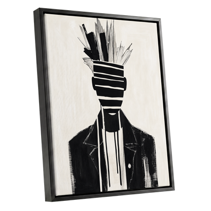 Striped Vanguard, black, beige, gray abstract wall art shown as a black framed canvas wall art