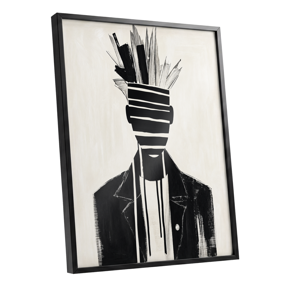 Striped Vanguard, black, beige, gray abstract wall art shown as a black framed poster wall art print